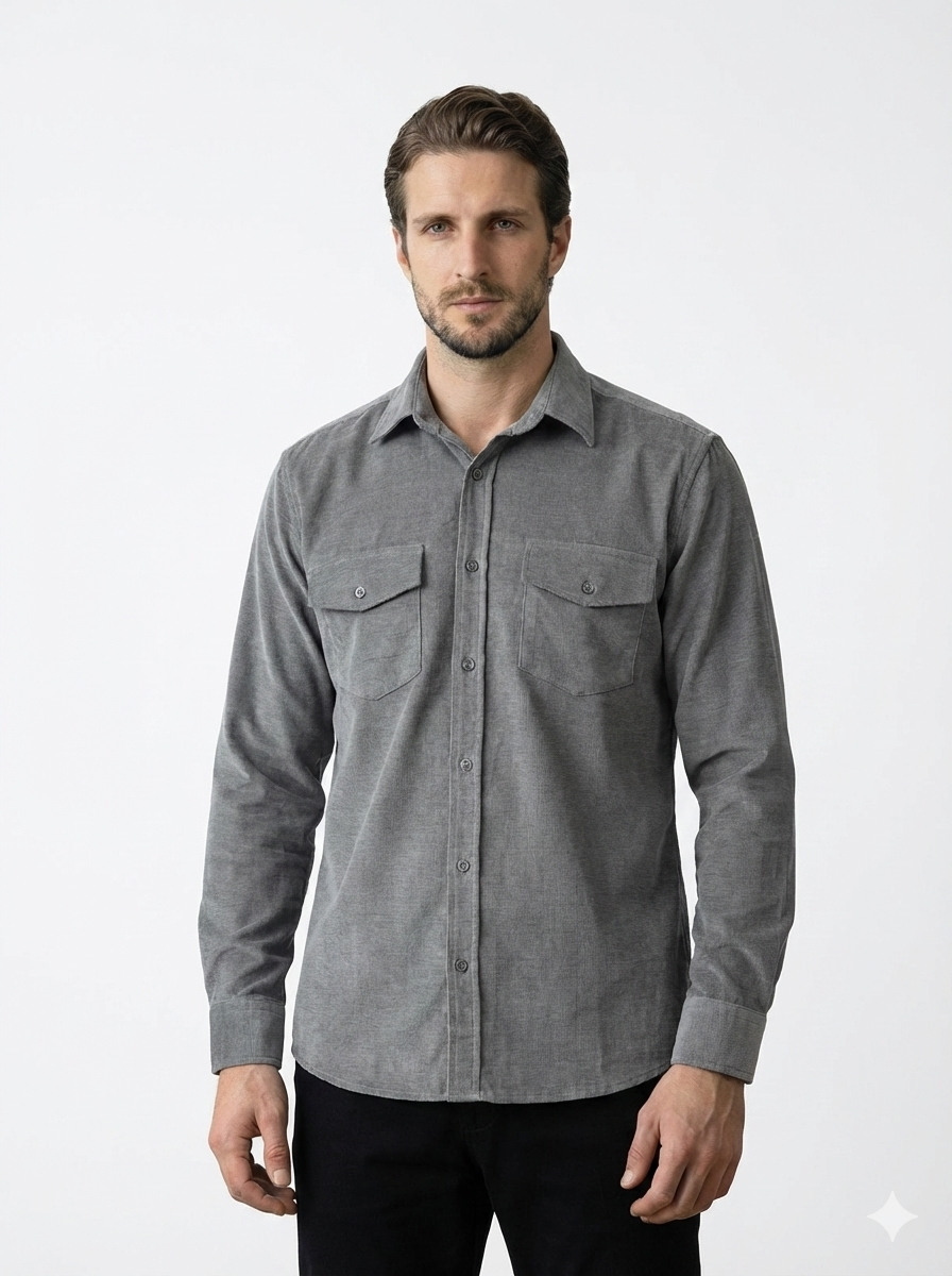 Altura Turco Gri Premium Çift Cepli Kadife Gömlek - Rahat Slim Fit